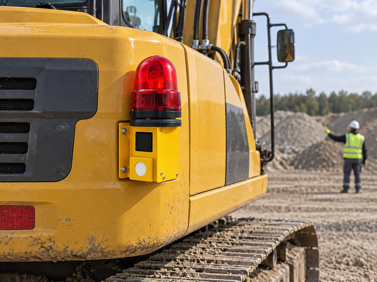 정차한 굴착기 후방에 고정한 노란 감지기와 빨간 경광등